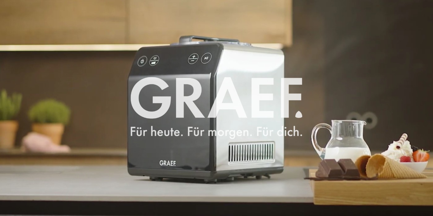 GRAEF ice cream machine with sundae and ingredients on the counter