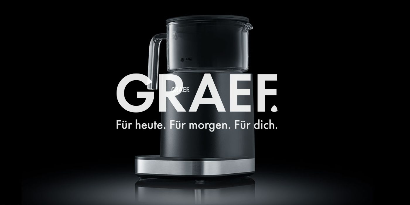 Coffee machine with text: GRAEF. For today. For tomorrow. For you.