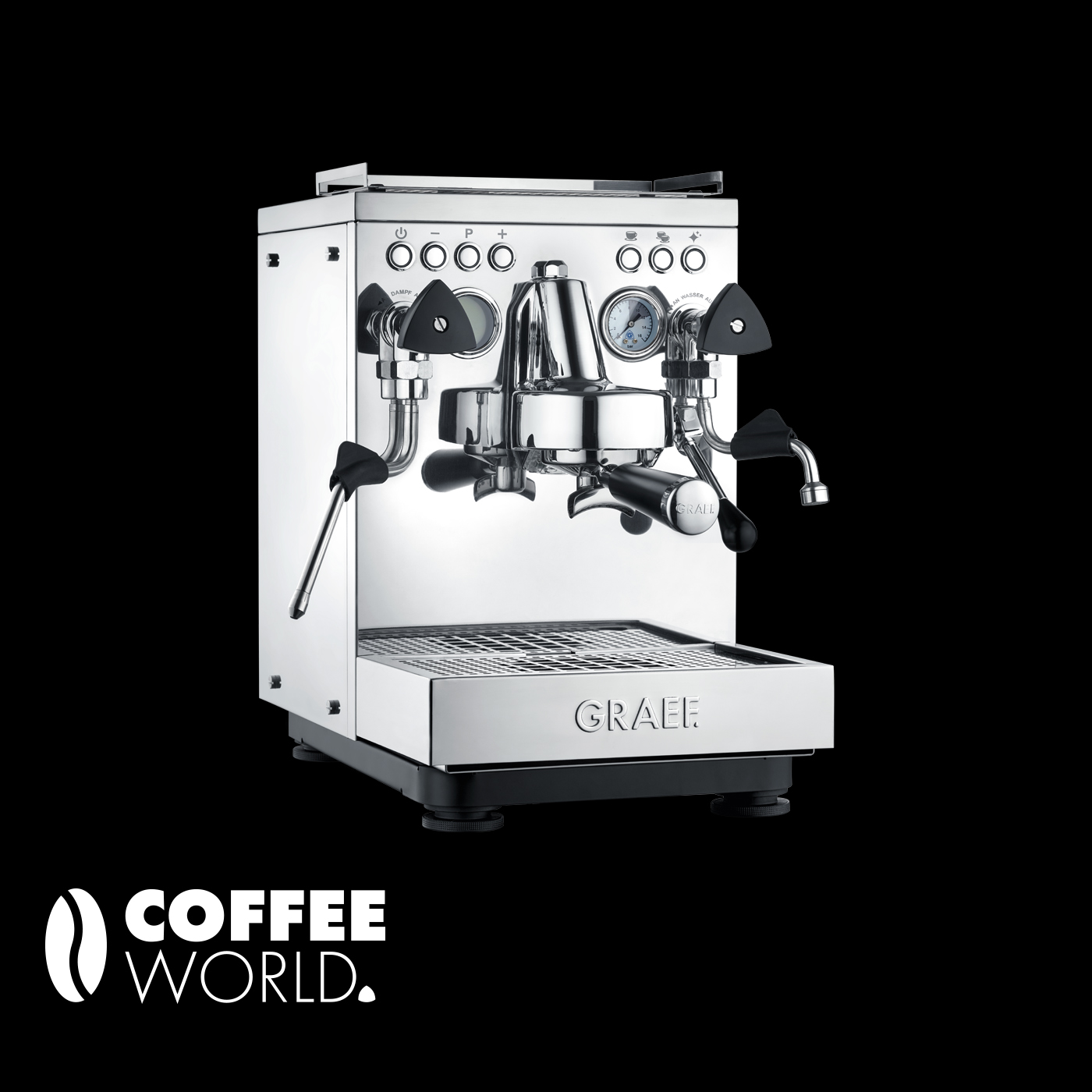 Chrome espresso machine with steam and hot water function, GRAEF logo, black background.