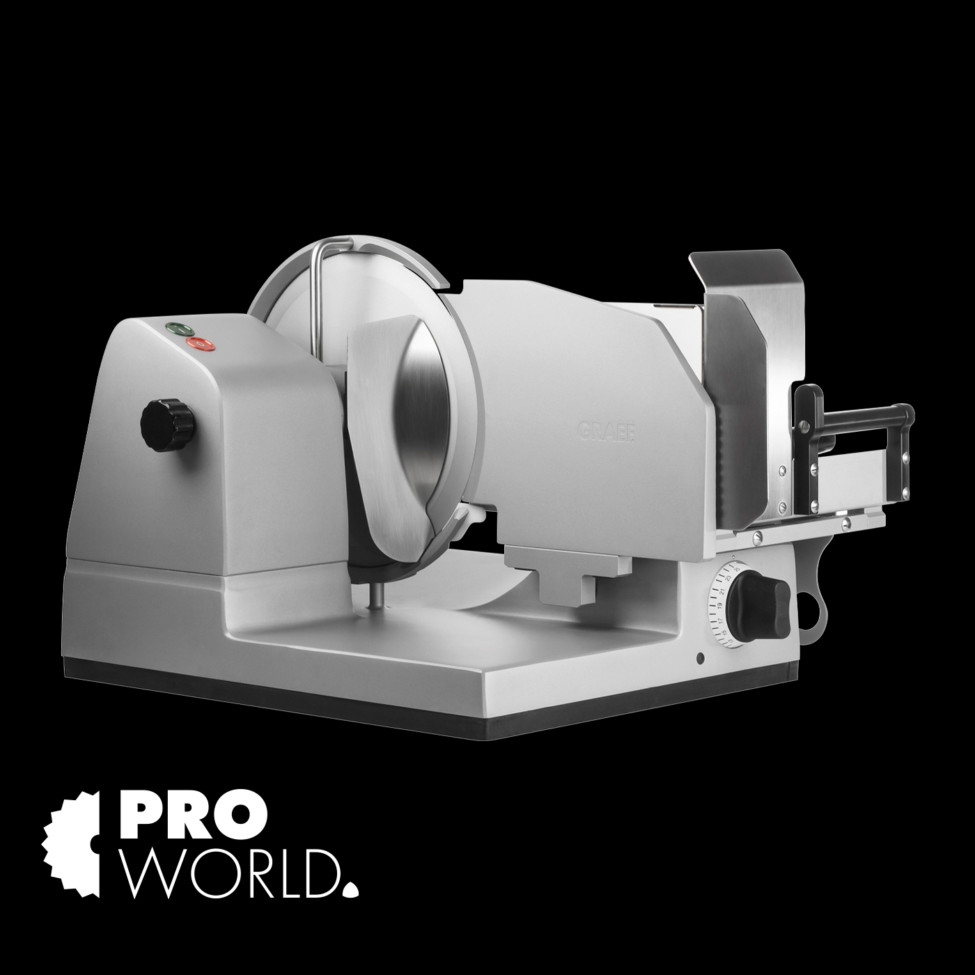 Affettatrice Graef argento su sfondo nero, logo Pro World, elettrodomestico da cucina