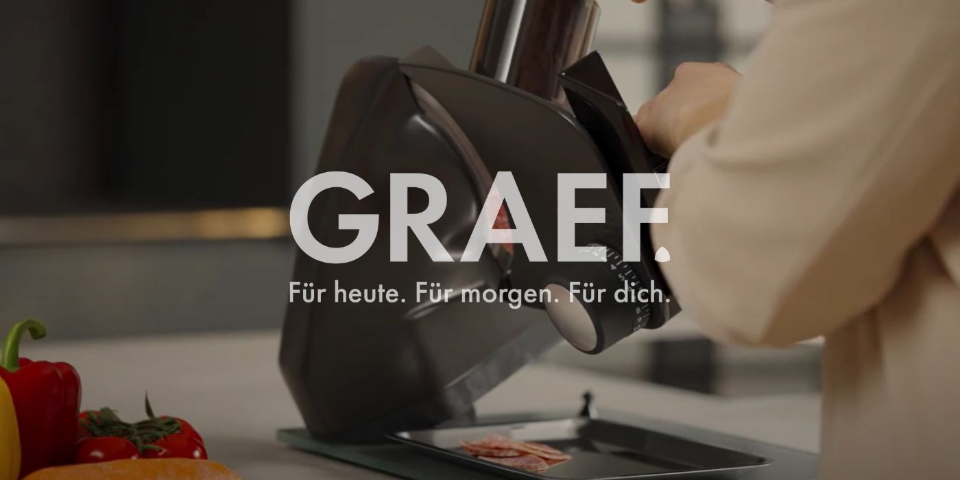 GRAEF advertisement: Person slicing sausage with a slicer, text: For today. For tomorrow. For you.
