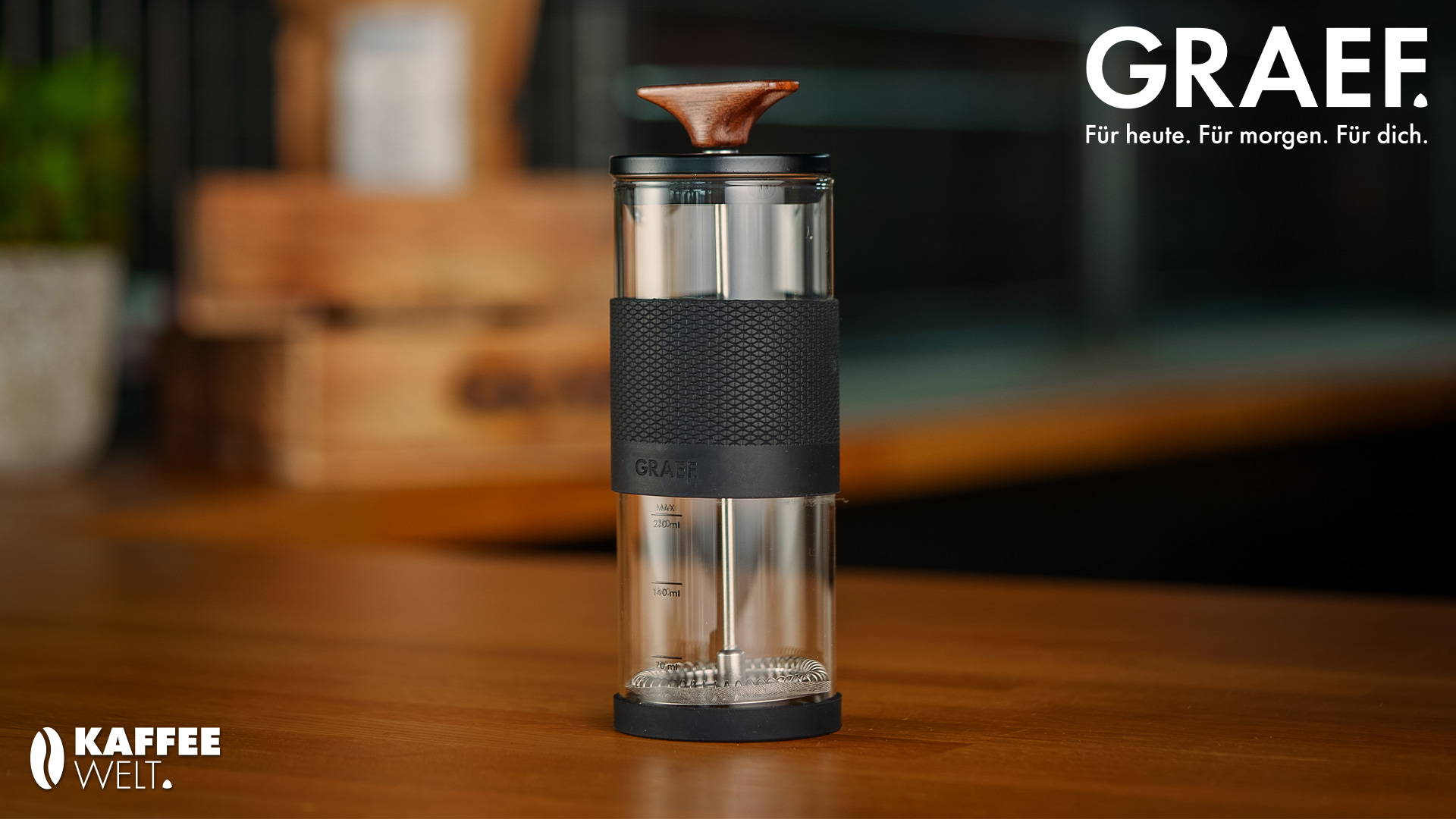 Cafetière GRAEF avec manche en bois et logo Kaffeewelt