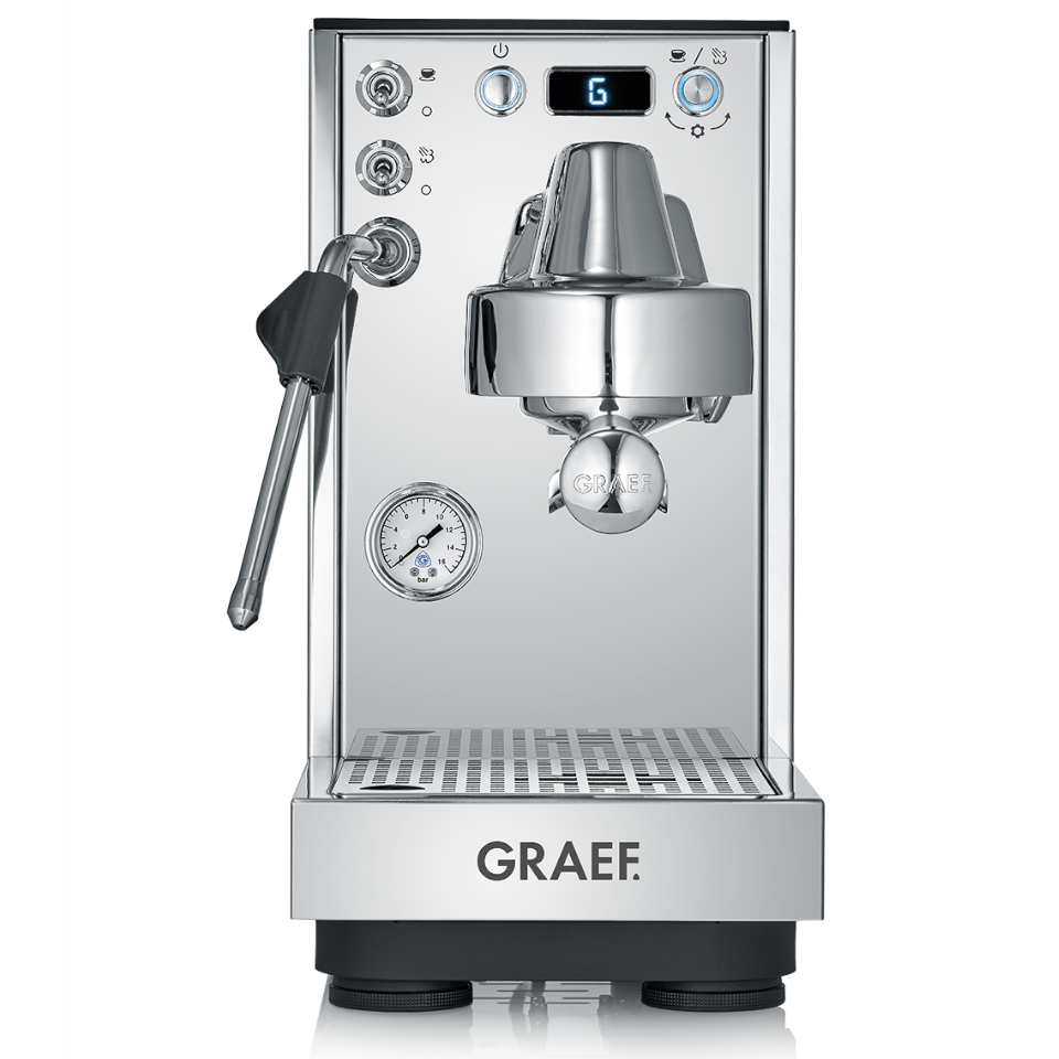 Chrome espresso machine with gauge, GRAEF logo, digital display, and steam wand