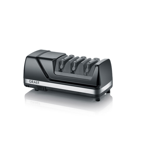 Black electric knife sharpener with GRAEF logo and three sharpening areas.
