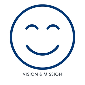 Cercle bleu avec visage souriant et texte 'VISION & MISSION' en dessous.