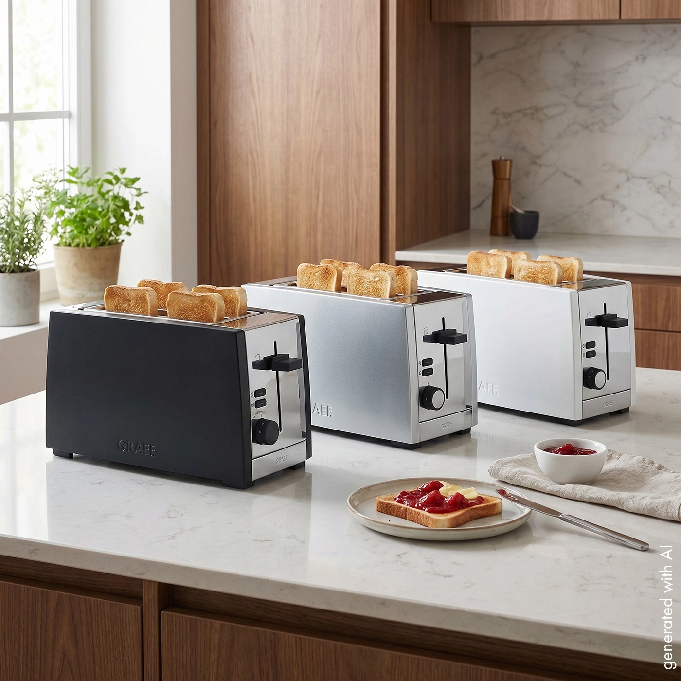 Three toasters in different colors with toast and jam