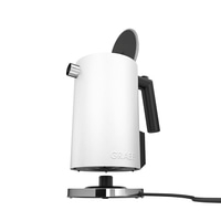 White electric kettle with black handle and lid, isolated on white background.