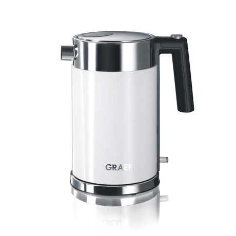 White electric kettle with black handle and silver accents, featuring the GRAEF logo.