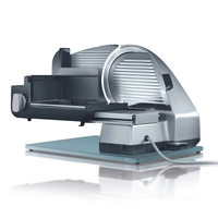 Electric slicer, silver, with blade and base, isolated on white background, kitchen appliance