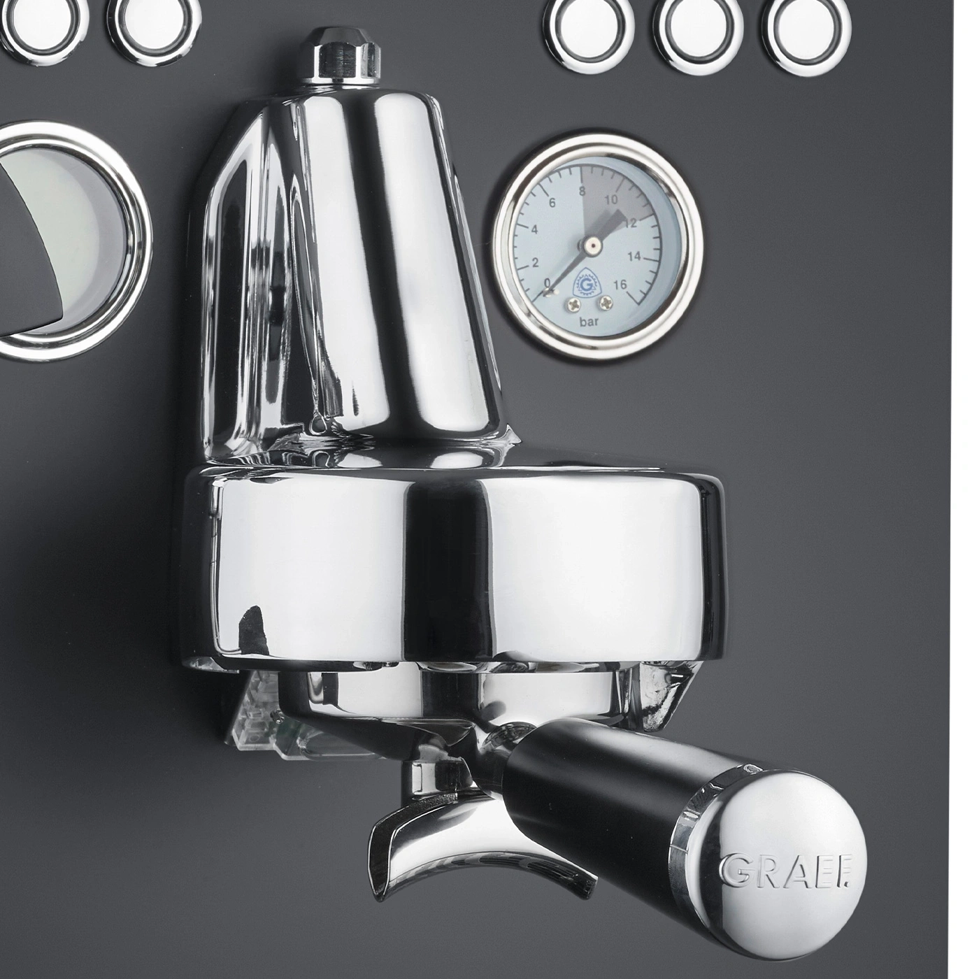 Macchina per espresso, cromata, manometro, logo GRAEF, sfondo nero, dettaglio ravvicinato