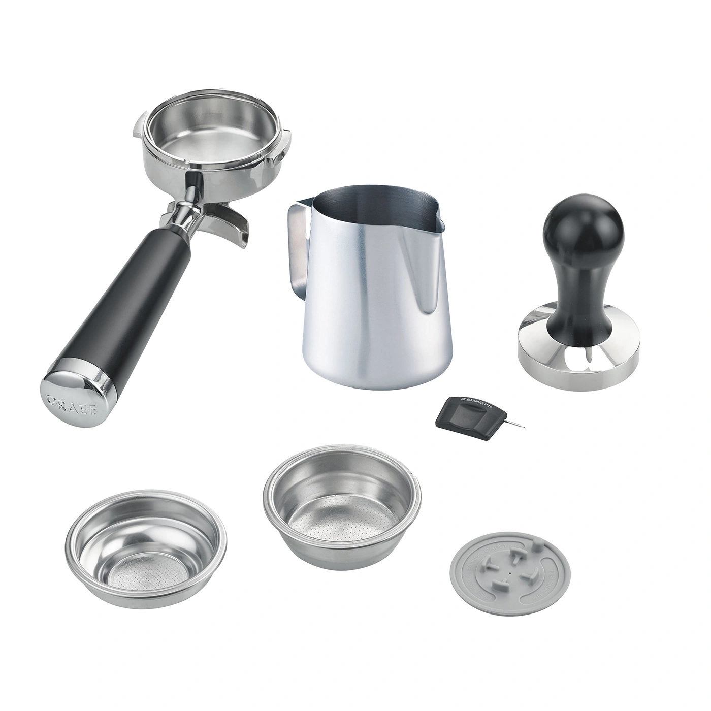 Accessori per macchina da caffè: portafiltro, lattiera, pressino, filtri, spillo pulizia, coperchio.