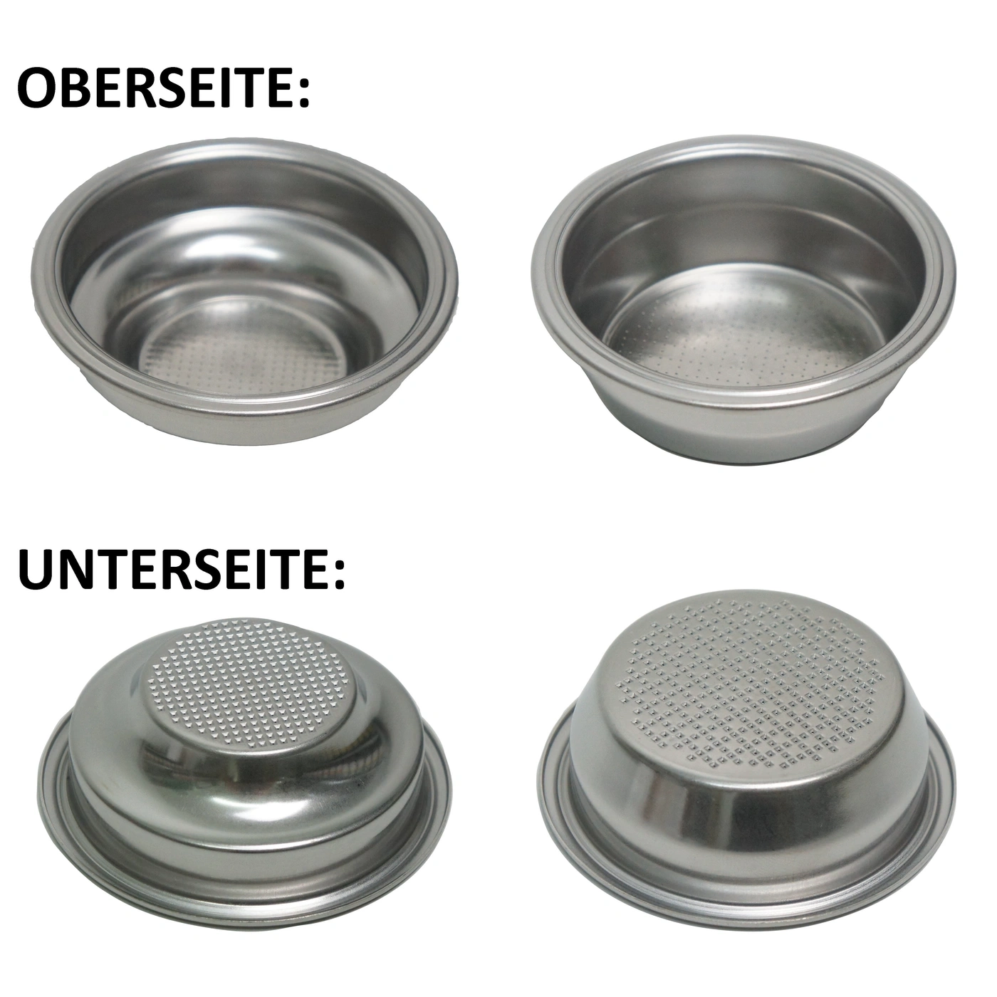 Porte-filtre à espresso : dessus et dessous, acier inoxydable, trous, préparation du café, gros plan