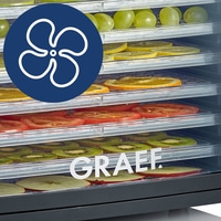 Food dehydrator with fruits and vegetables, GRAEF logo, blue symbol.
