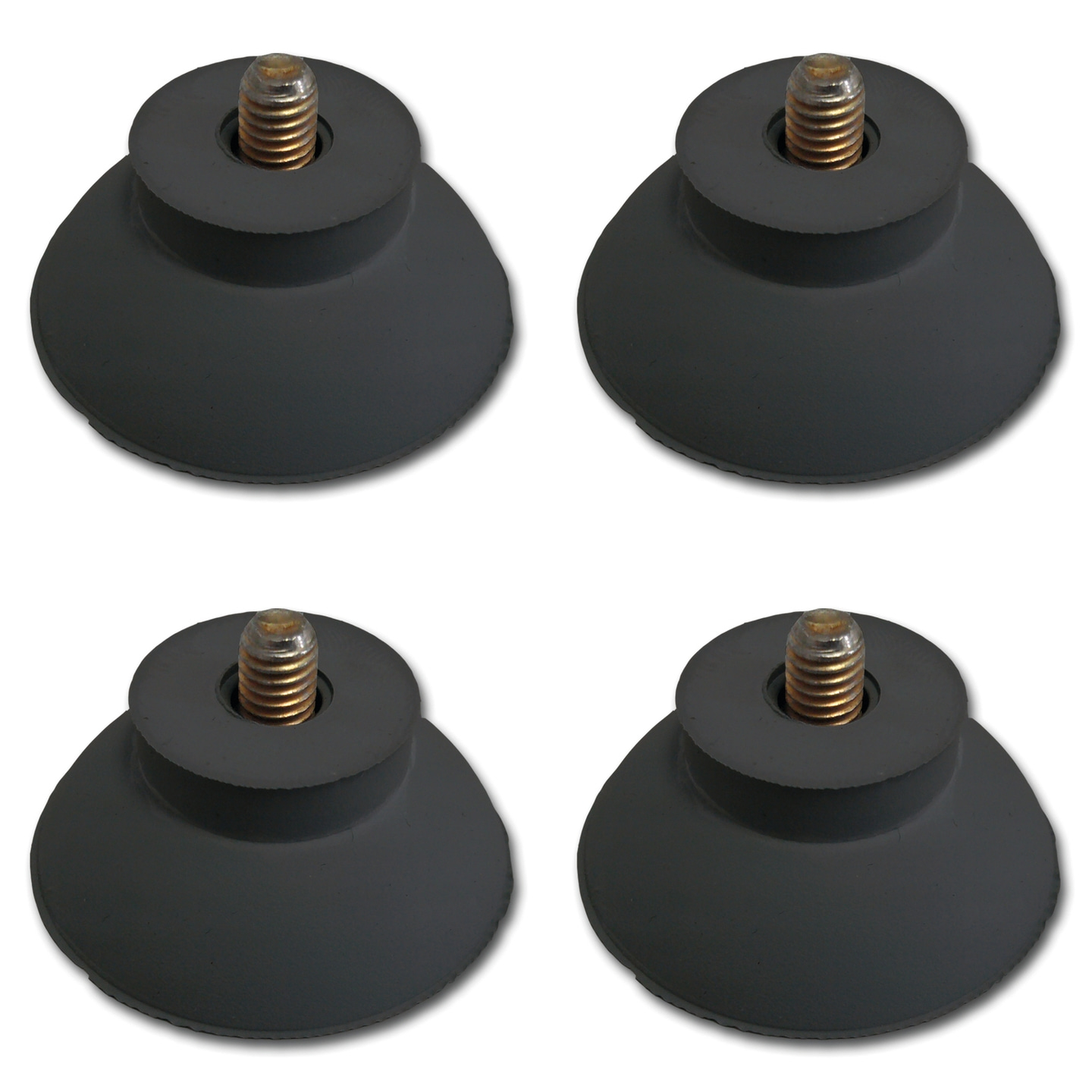 Four gray suction cups with screws, isolated on a white background.