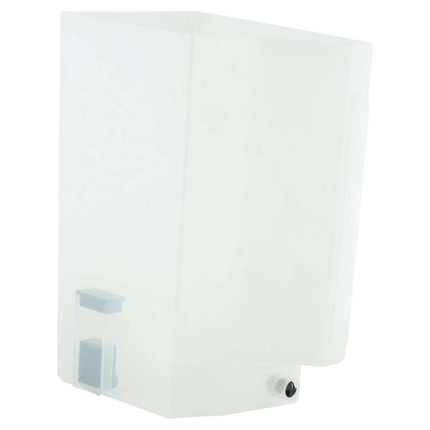 Récipient transparent avec sortie noire, isolé sur fond blanc.