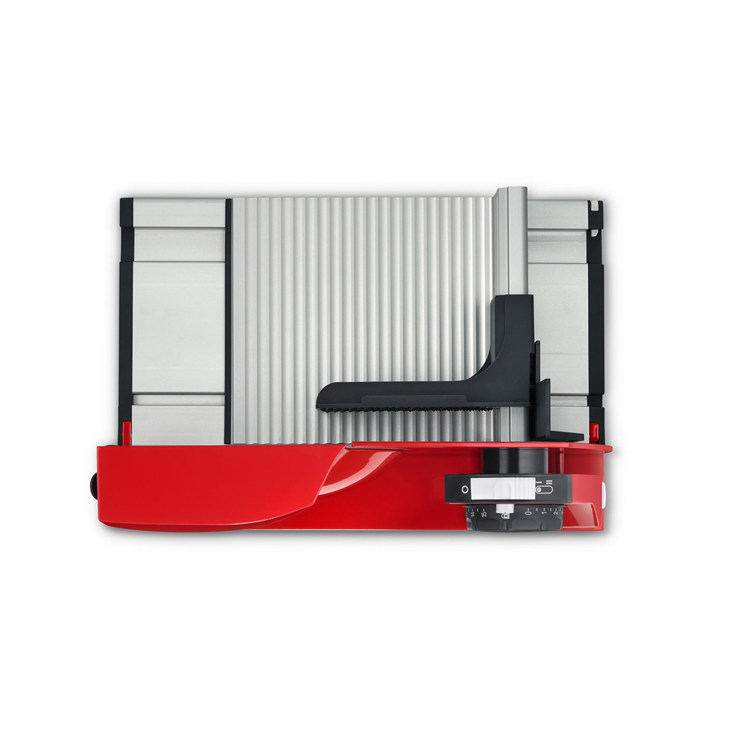 Close-up of a red meat slicer with silver and black elements, isolated.