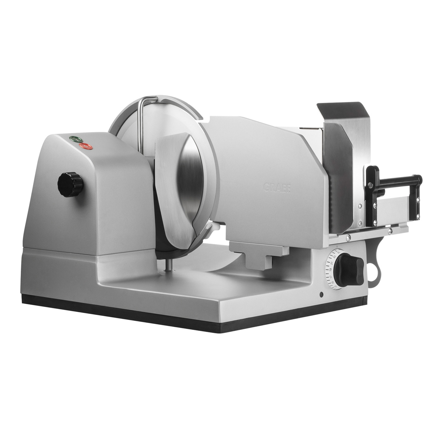 Silver electric Graef slicer with blade, buttons, and adjustable thickness settings