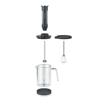 Disassembled immersion blender with accessories and glass container for kitchen