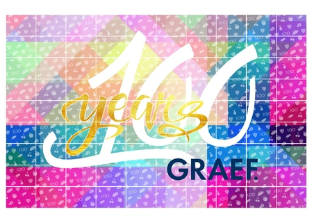 Design d'anniversaire avec '100 ans' et 'GRAEF' sur fond coloré avec des symboles de fruits.