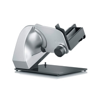 A silver Graef food slicer with a black carriage and adjustment knob.