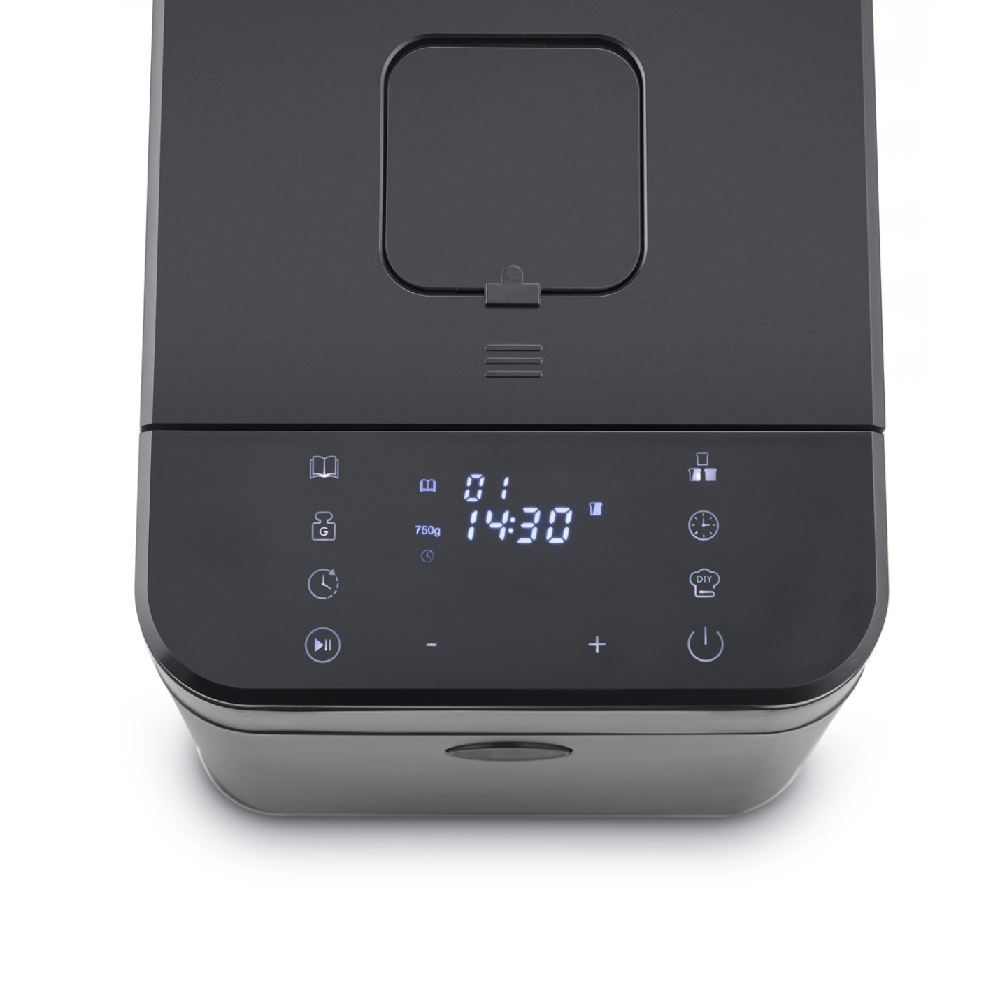Macchina per il pane nera con display e controlli. Cottura, tempo e peso.