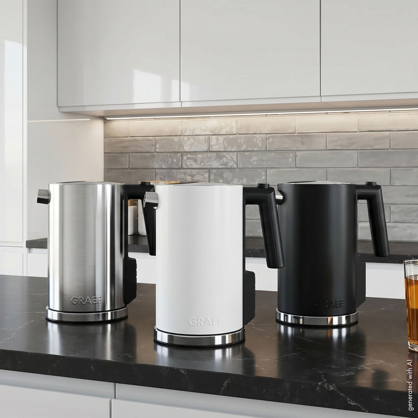 Three GRAEF kettles in silver, white, and black on a kitchen countertop.