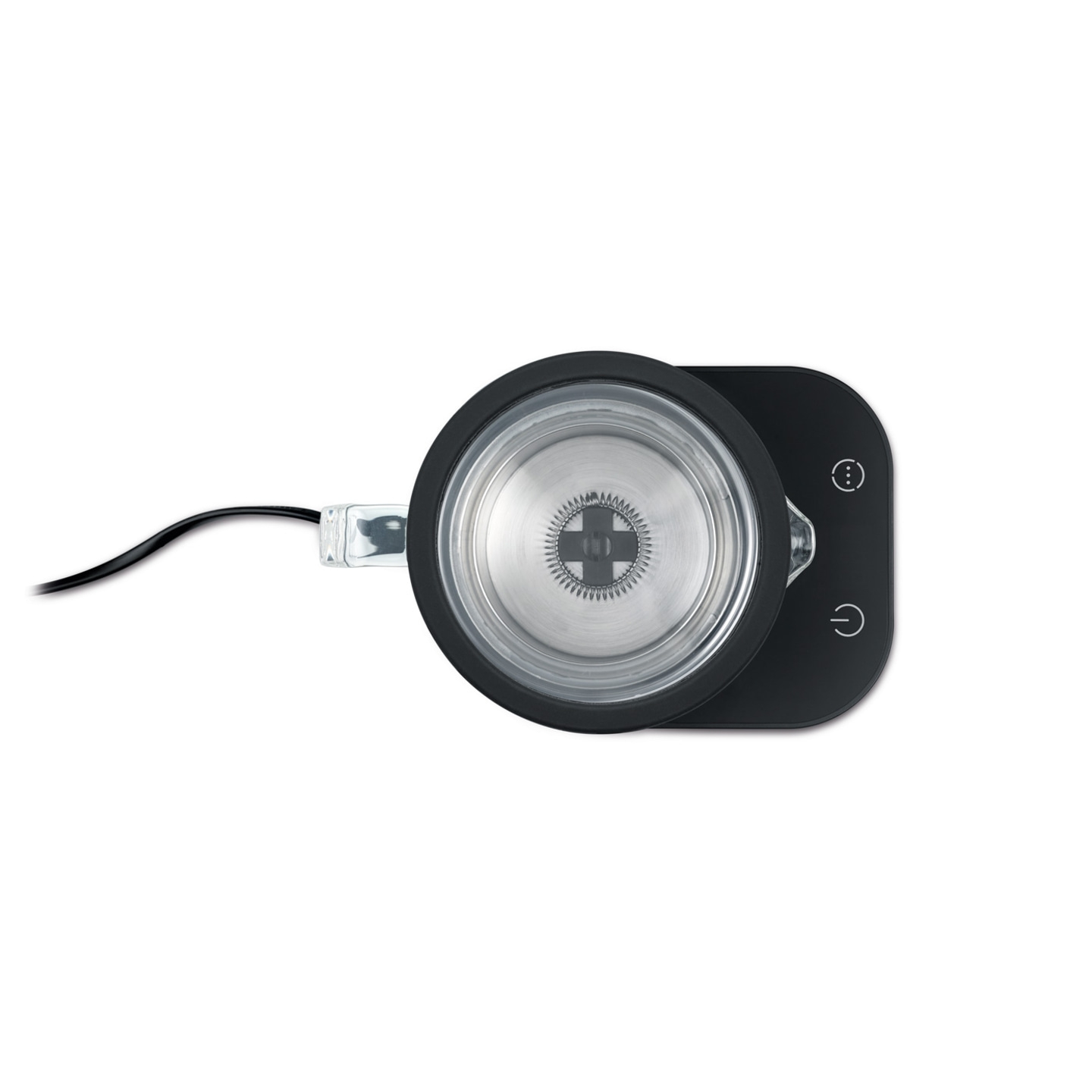 Mousseur à lait noir avec cordon d'alimentation et panneau de commande avec symboles.