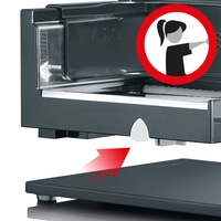 Device with red arrow and warning symbol showing a person touching something.