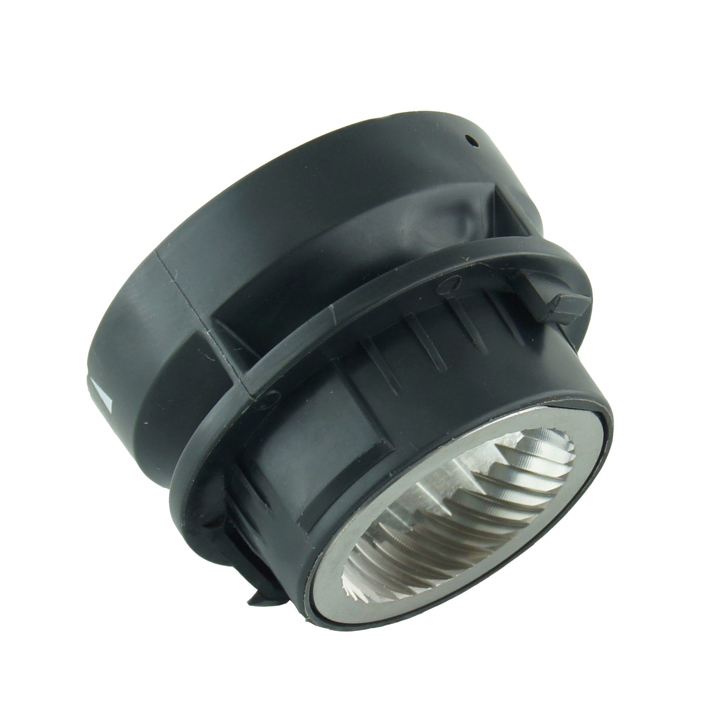 Pièce en plastique noir avec filetage métallique, isolée sur fond blanc.