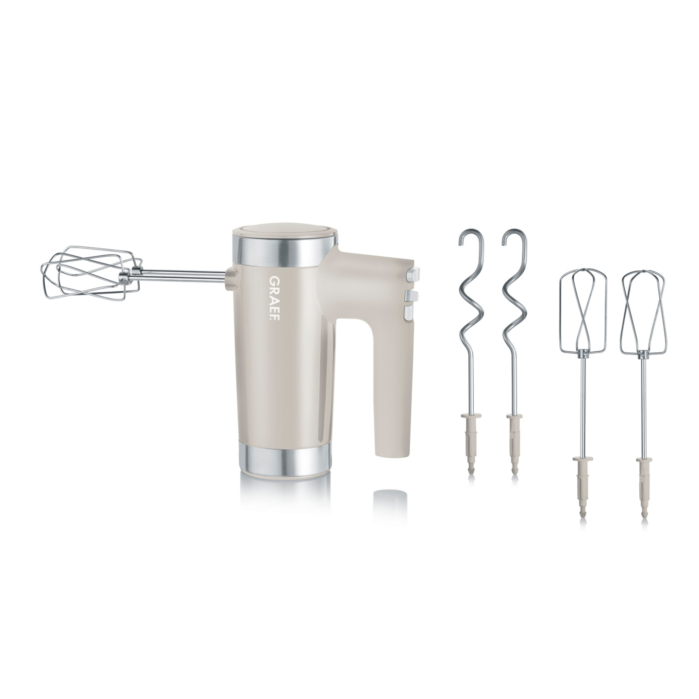 Beige hand mixer with attachments, GRAEF brand, isolated on white background