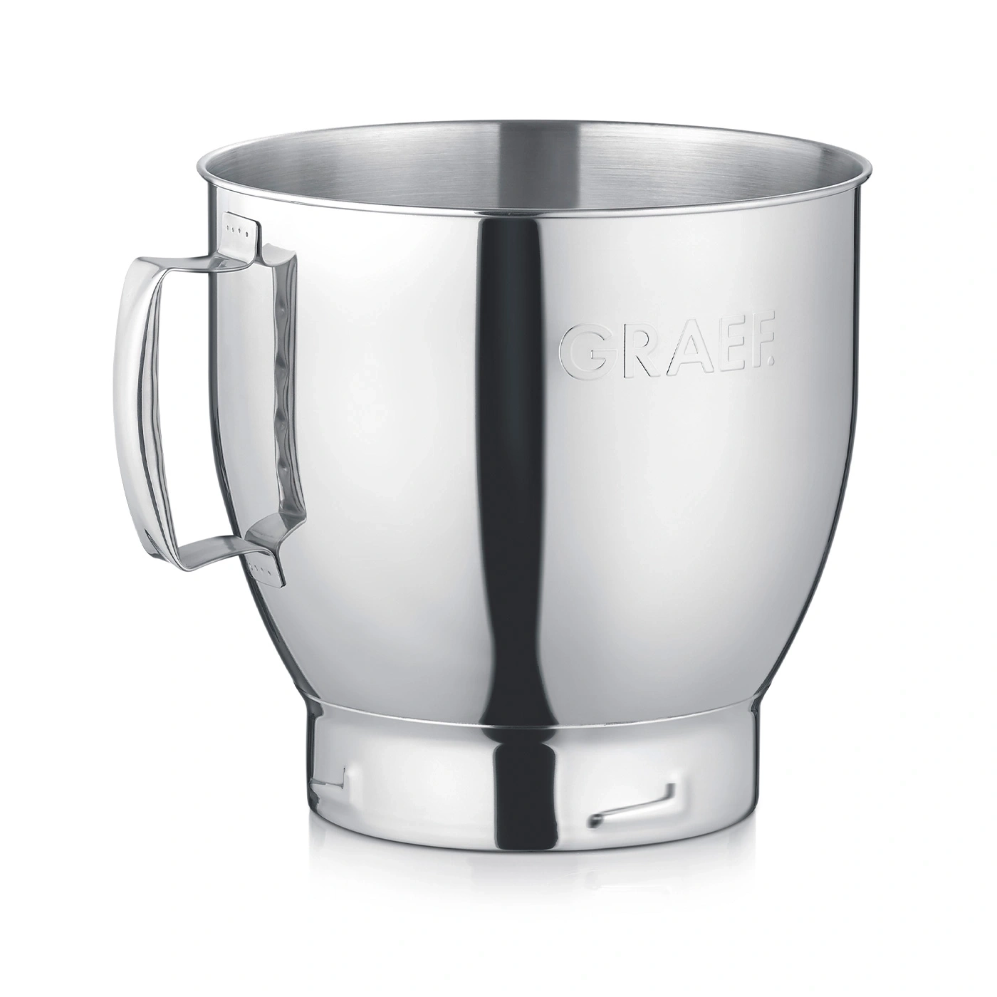 Stainless steel container with handle, polished, GRAEF logo, kitchen utensil, shiny