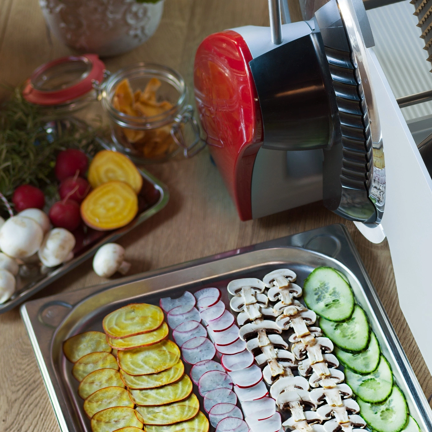 Verdure, affettatrice, superficie in legno, ingredienti, cibo, cucina, affettato, fresco, sano, piatto, pasto