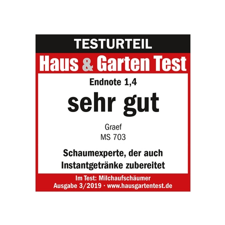 Résultat du test Haus & Garten Test, note 1,4, très bon, Graef MS 703, expert en mousse, boissons instantanées
