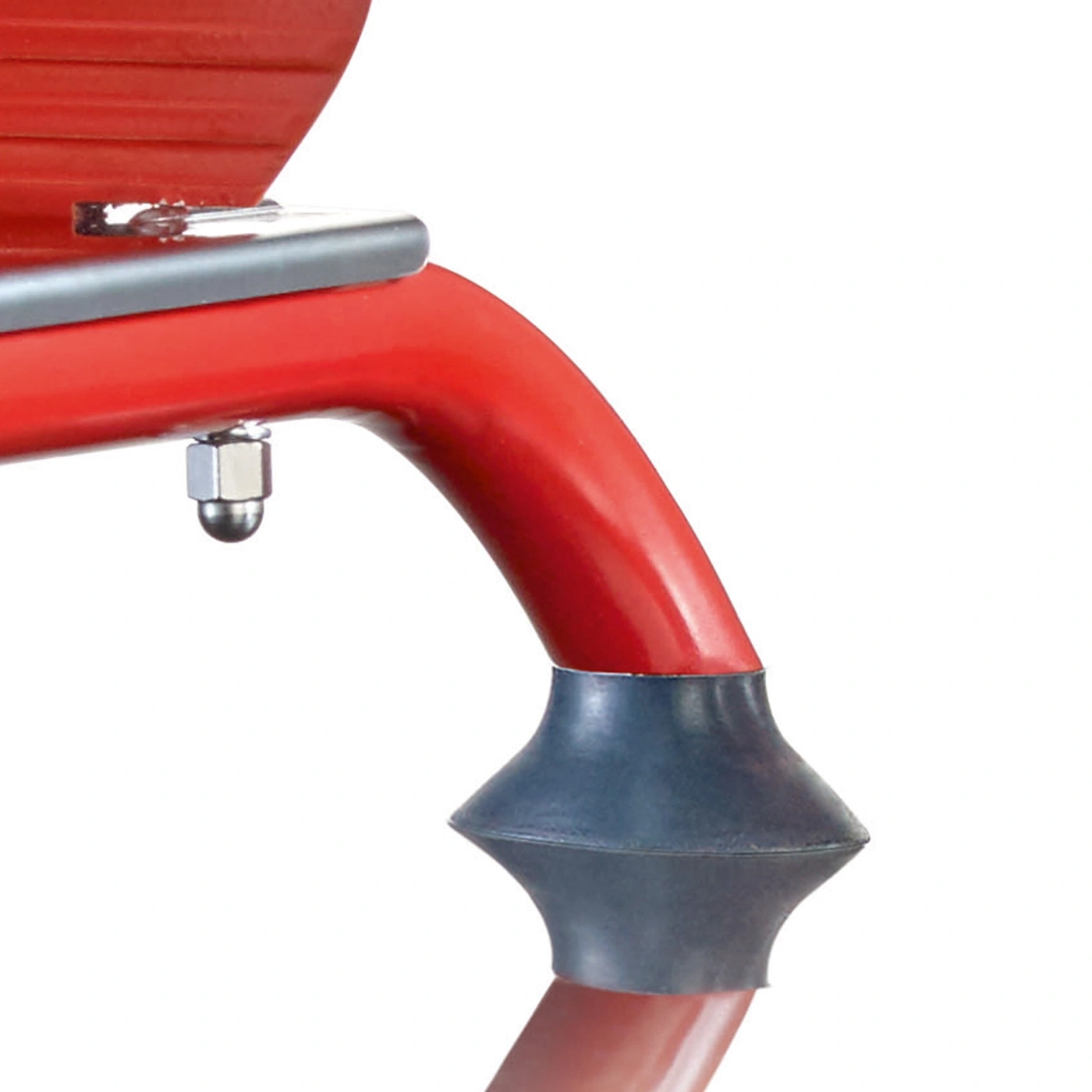 Red metal frame with rubber foot and screw, detail shot, close-up, isolated on white