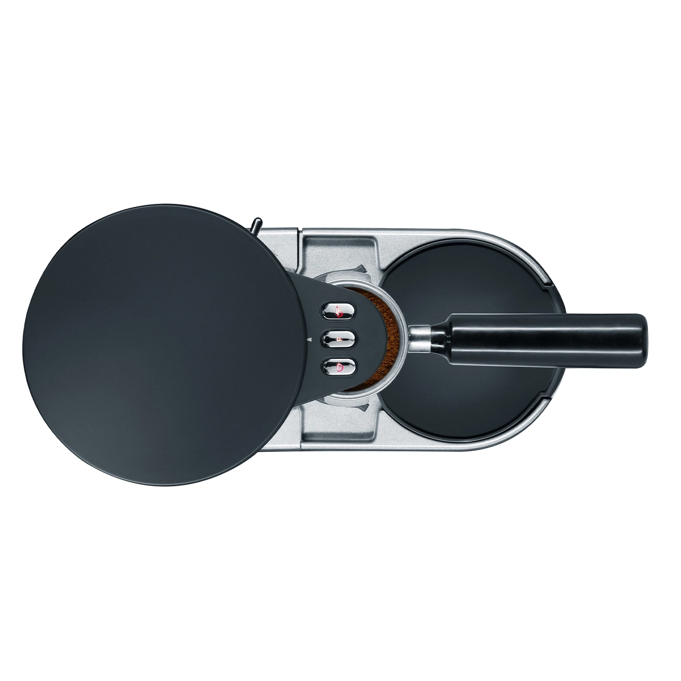 Coffee machine from above, with black handle and buttons, on a white background.