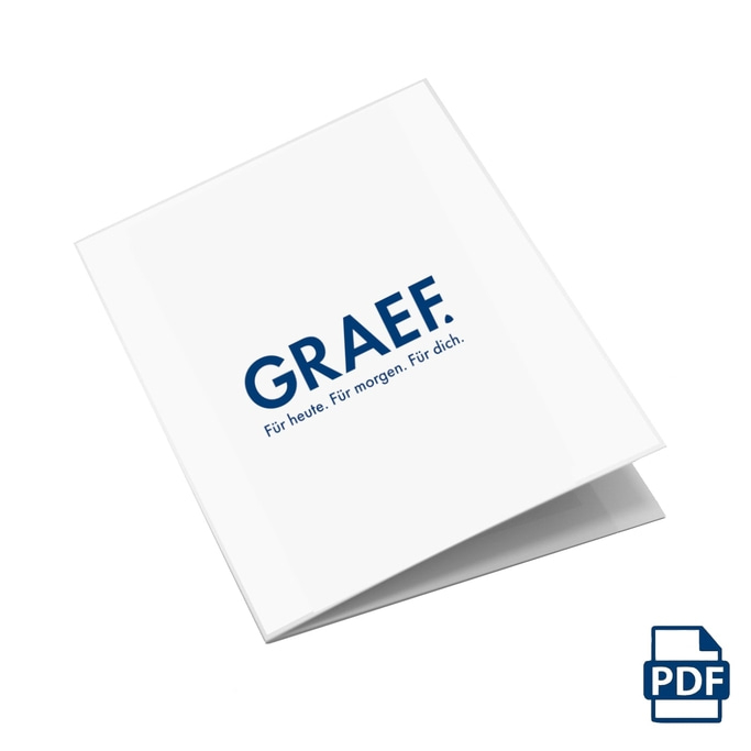 Document blanc avec texte bleu et symbole PDF, logo GRAEF.