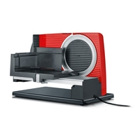 Red Graef slicer with metal blade and black carriage.