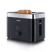 Black toaster with two slices of toast, GRAEF brand, control panel visible.