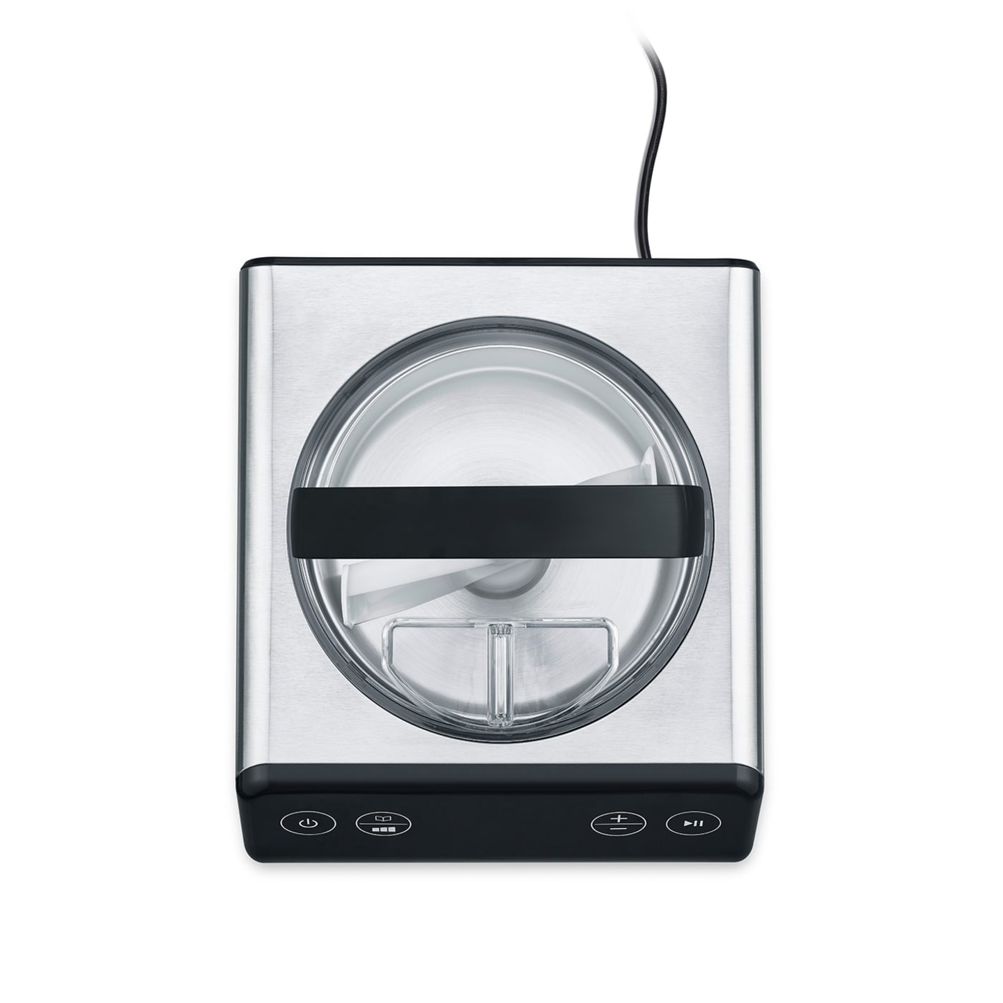 Machine à crème glacée, acier inoxydable, commandes noires, cordon d'alimentation, gros plan, isolé