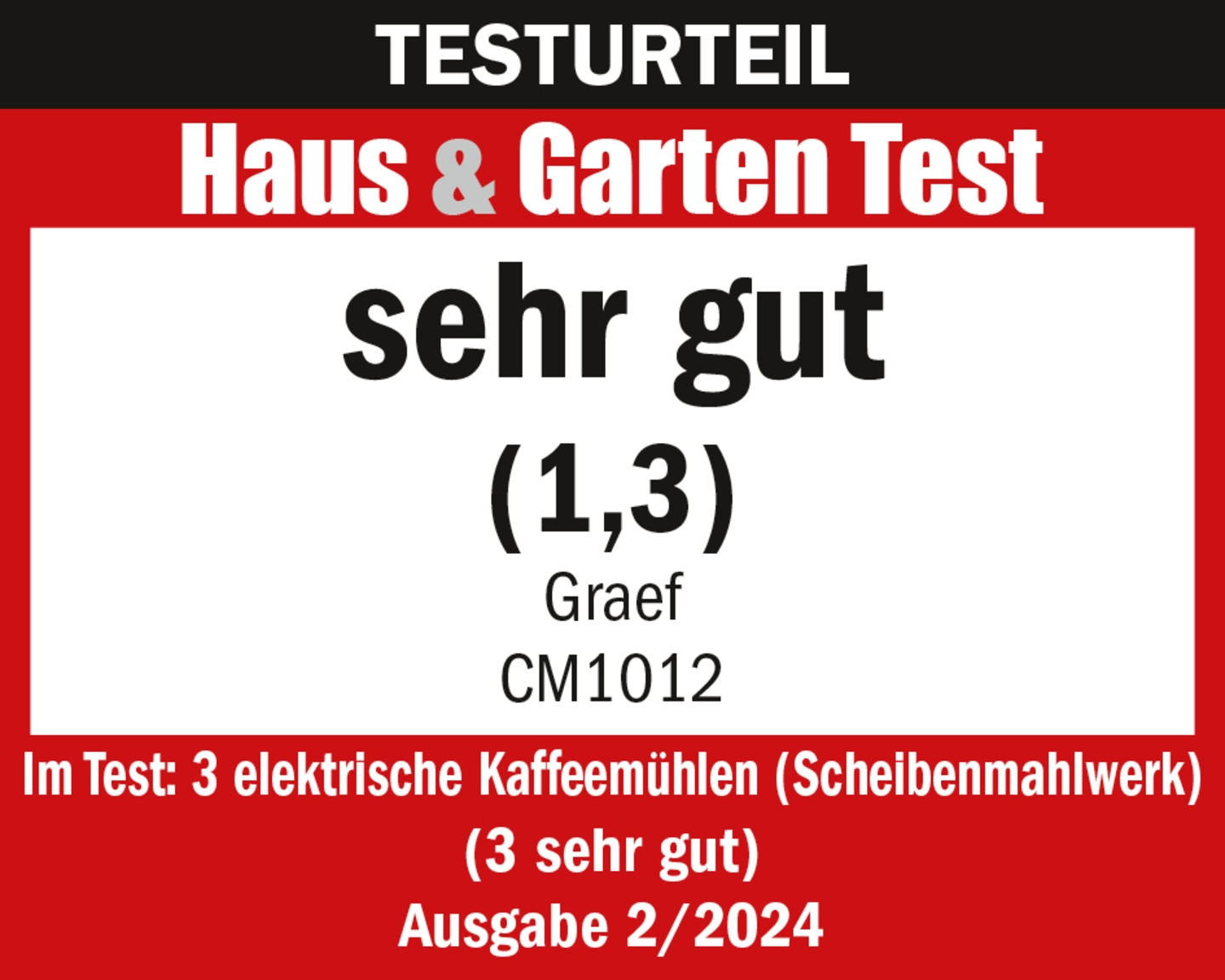 Haus & Garten Test, very good, grade 1.3, Graef CM1012, issue 2/2024, coffee grinder test