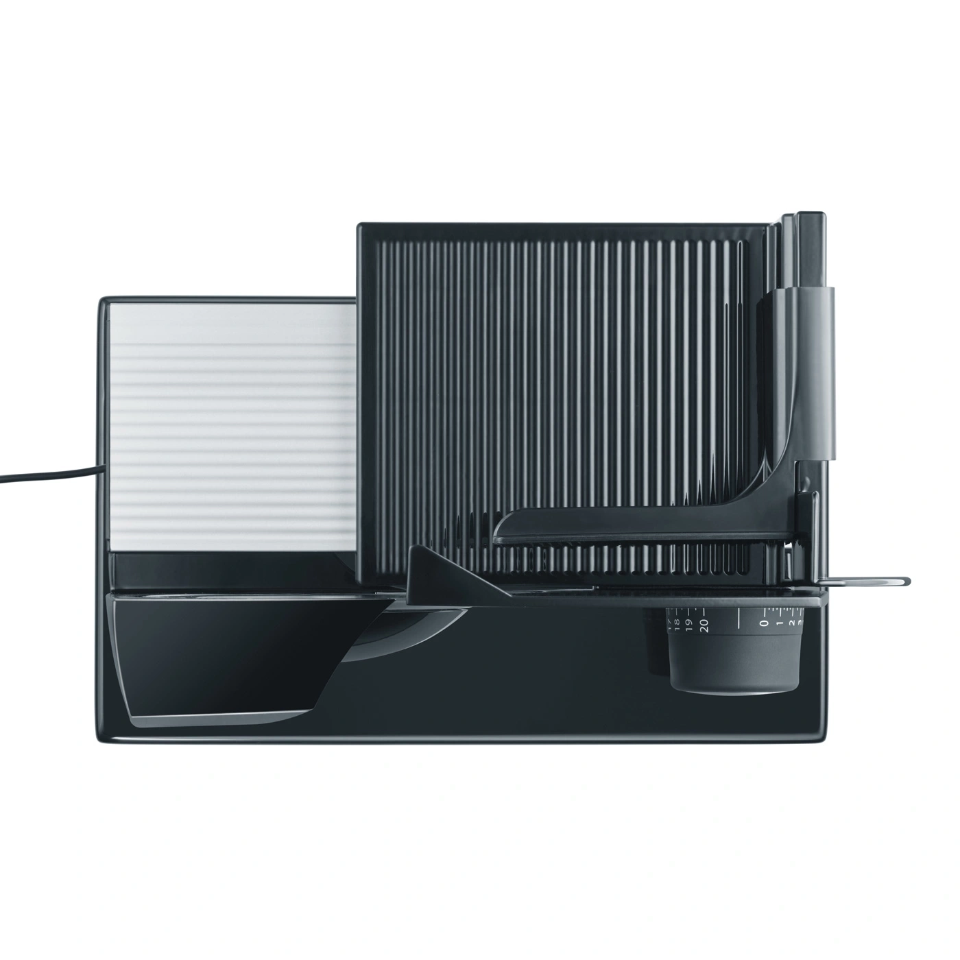 Electric food slicer with adjustable thickness setting and removable collection tray.