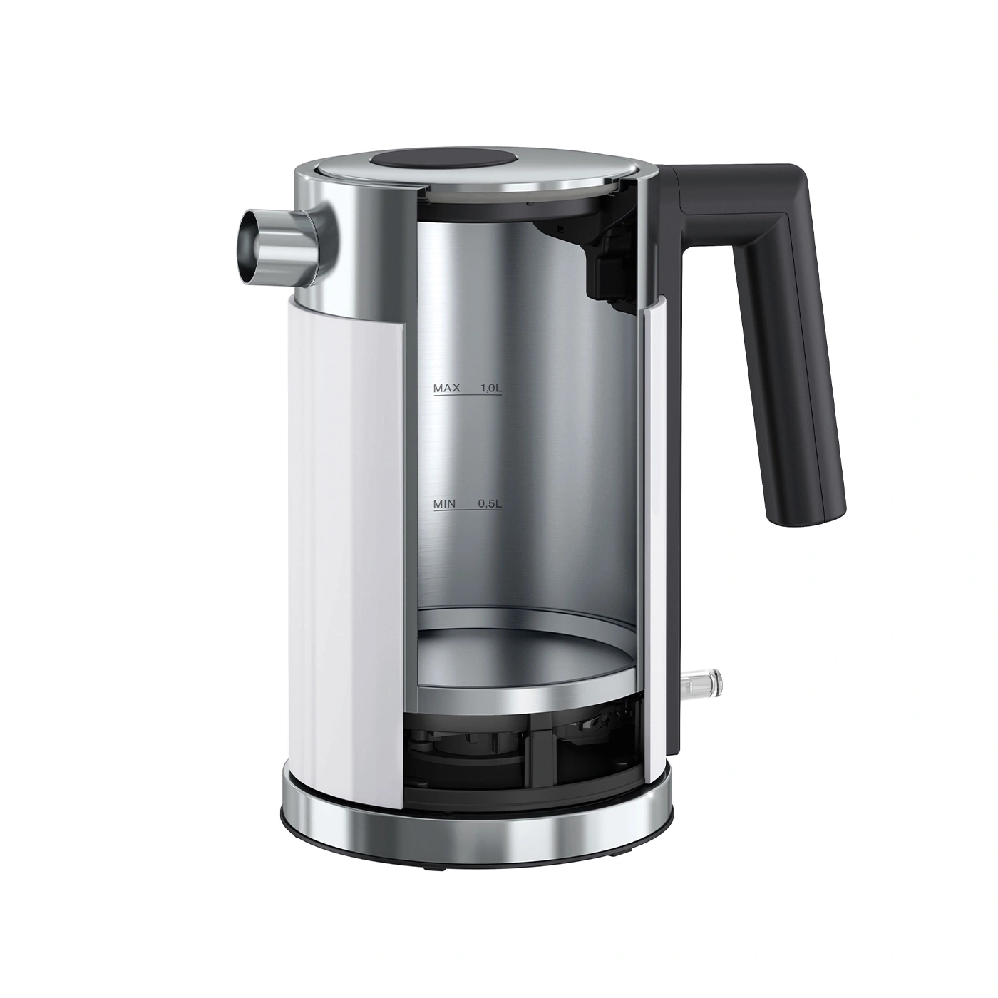 Bouilloire, acier inoxydable, blanc, coupe, intérieur, poignée, couvercle, max 1,0L, min 0,5L