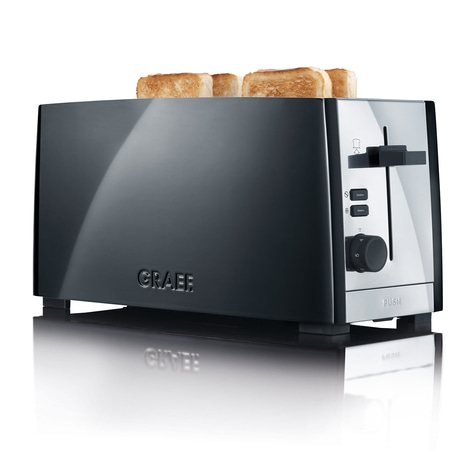 Black toaster with toast, Graef brand, stainless steel details, modern design, kitchen appliance.