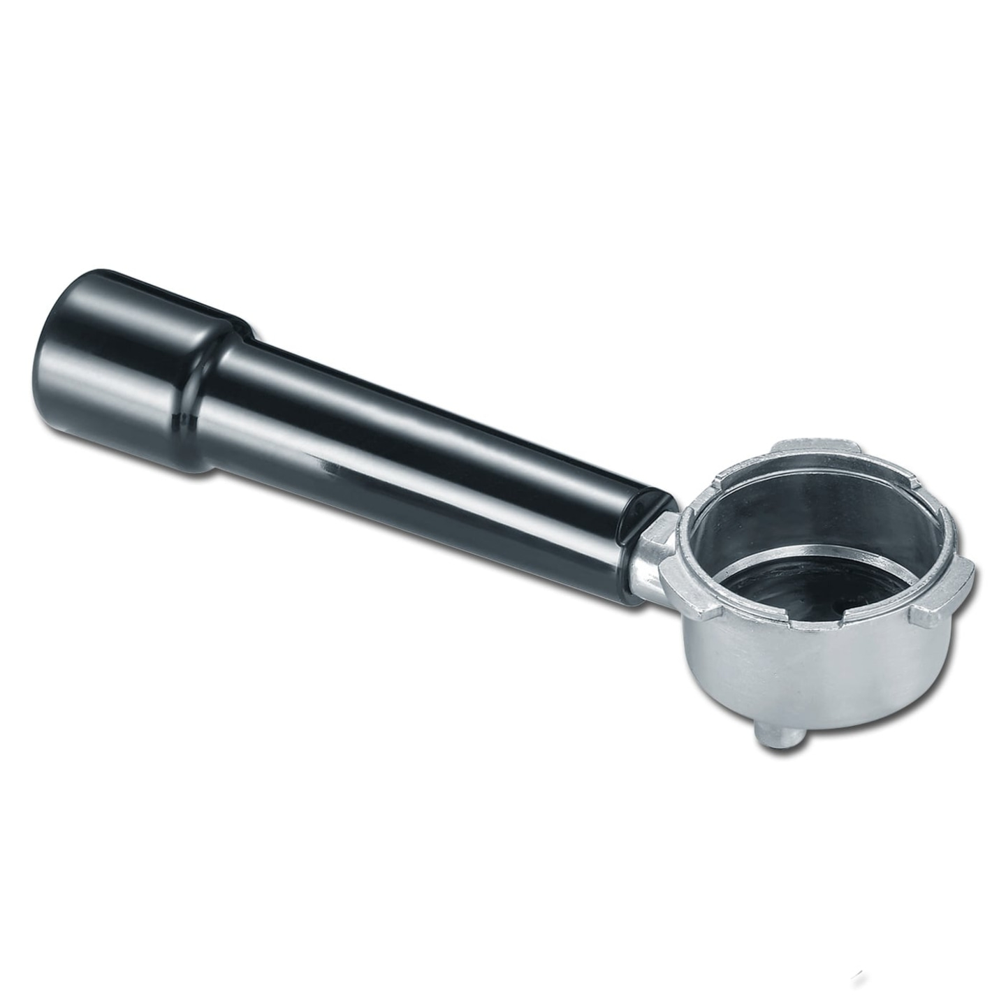 Poignée noire et panier argenté pour une machine à café, isolé sur blanc