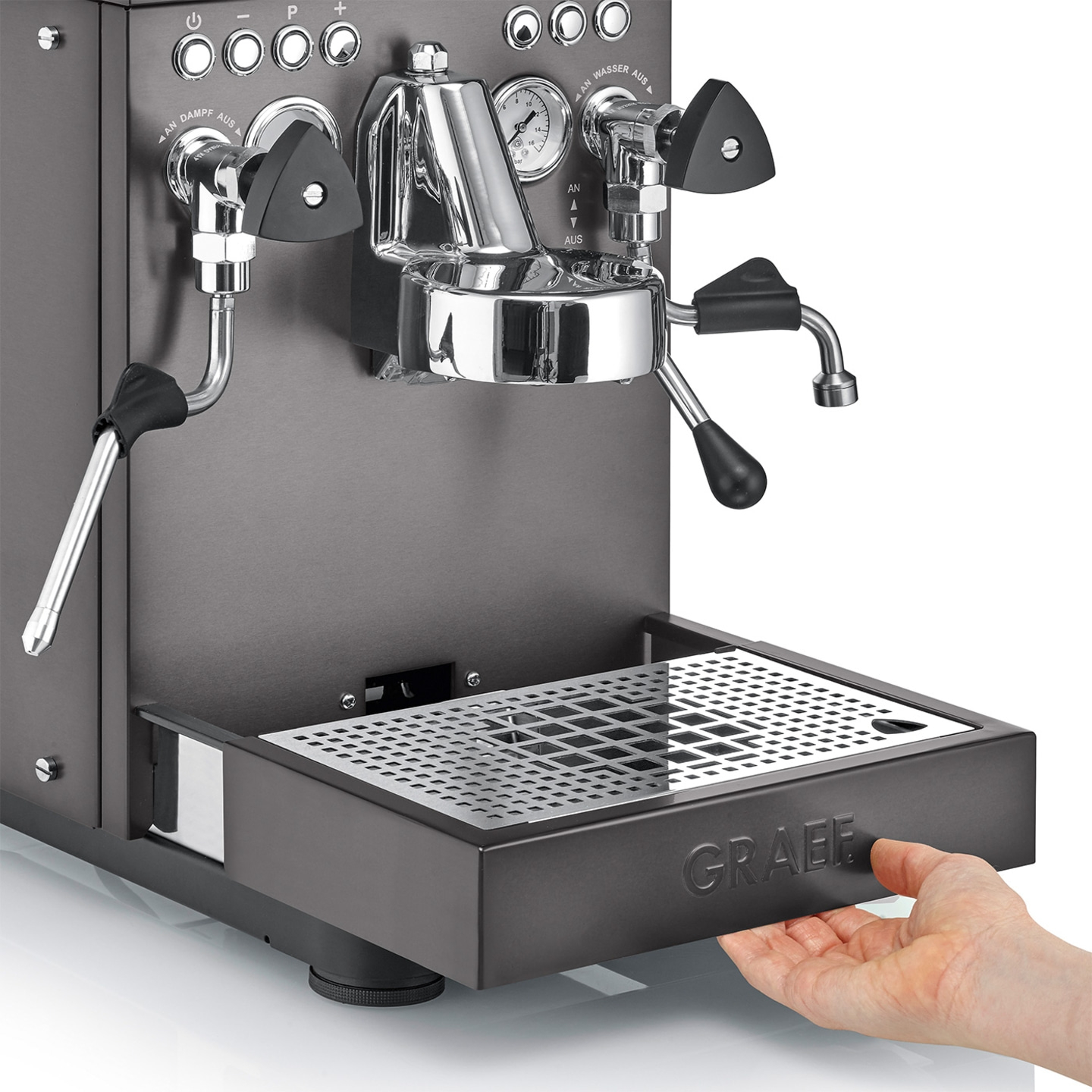 Macchina per espresso con vassoio raccogli gocce rimovibile e lancia vapore, logo GRAEF.
