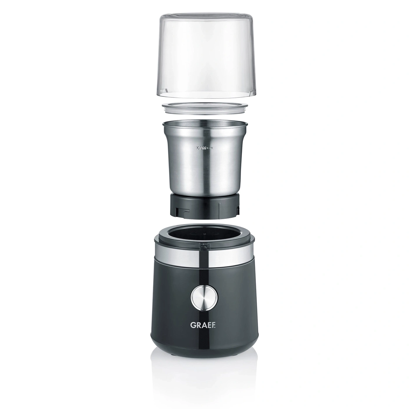 Macinacaffè smontato, con coperchio trasparente e contenitore in acciaio inox, logo GRAEF