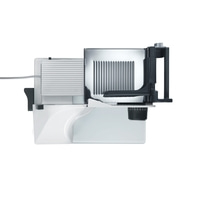 Trancheuse électrique, blanche, avec poignée noire et molette de réglage de l'épaisseur.