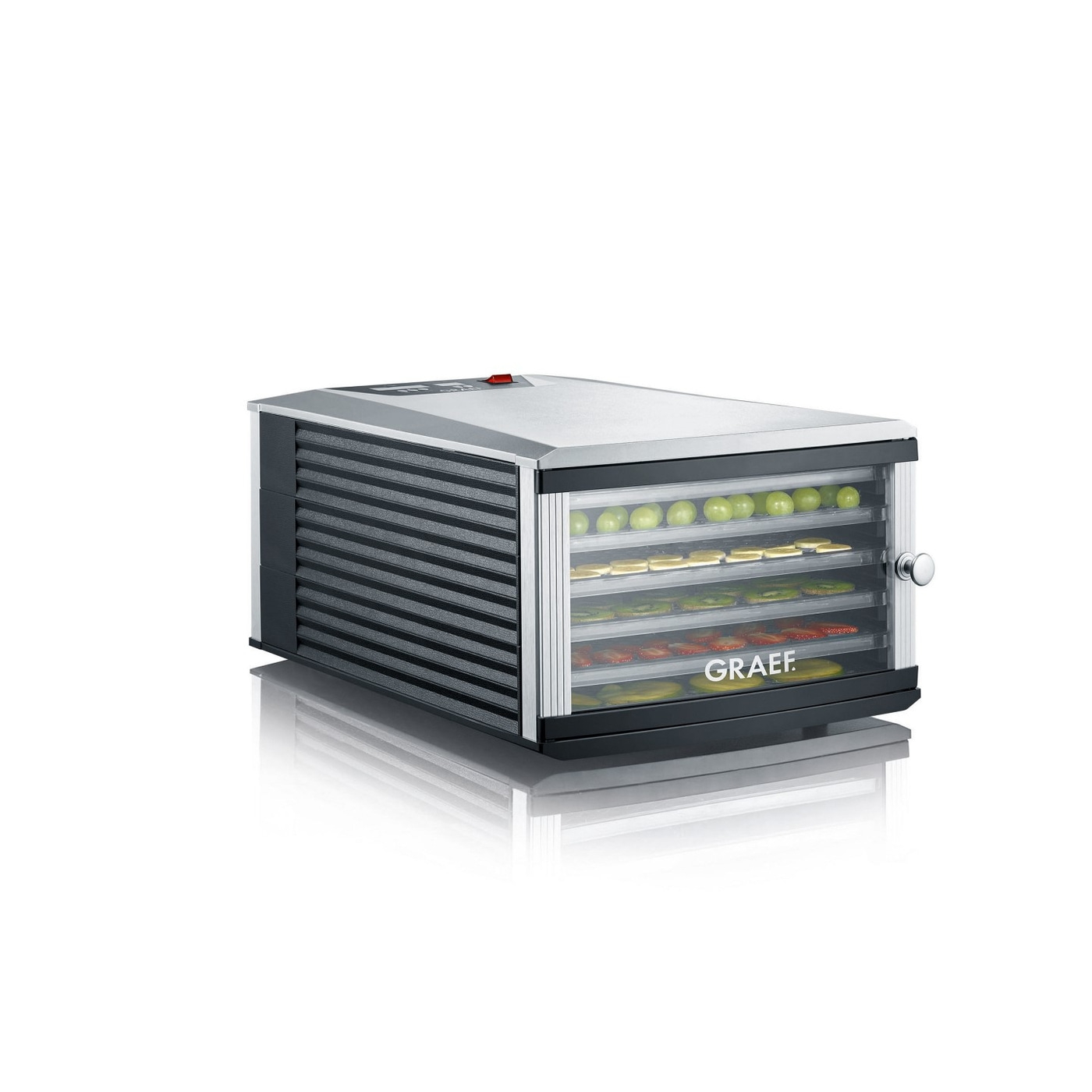 Graef food dehydrator with fruits, vegetables, transparent doors and silver casing