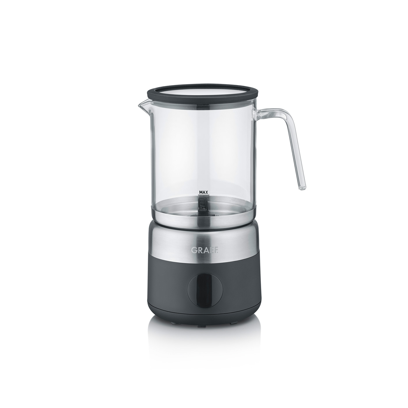 Mousseur à lait avec récipient en verre et poignée, marque Graef, isolé