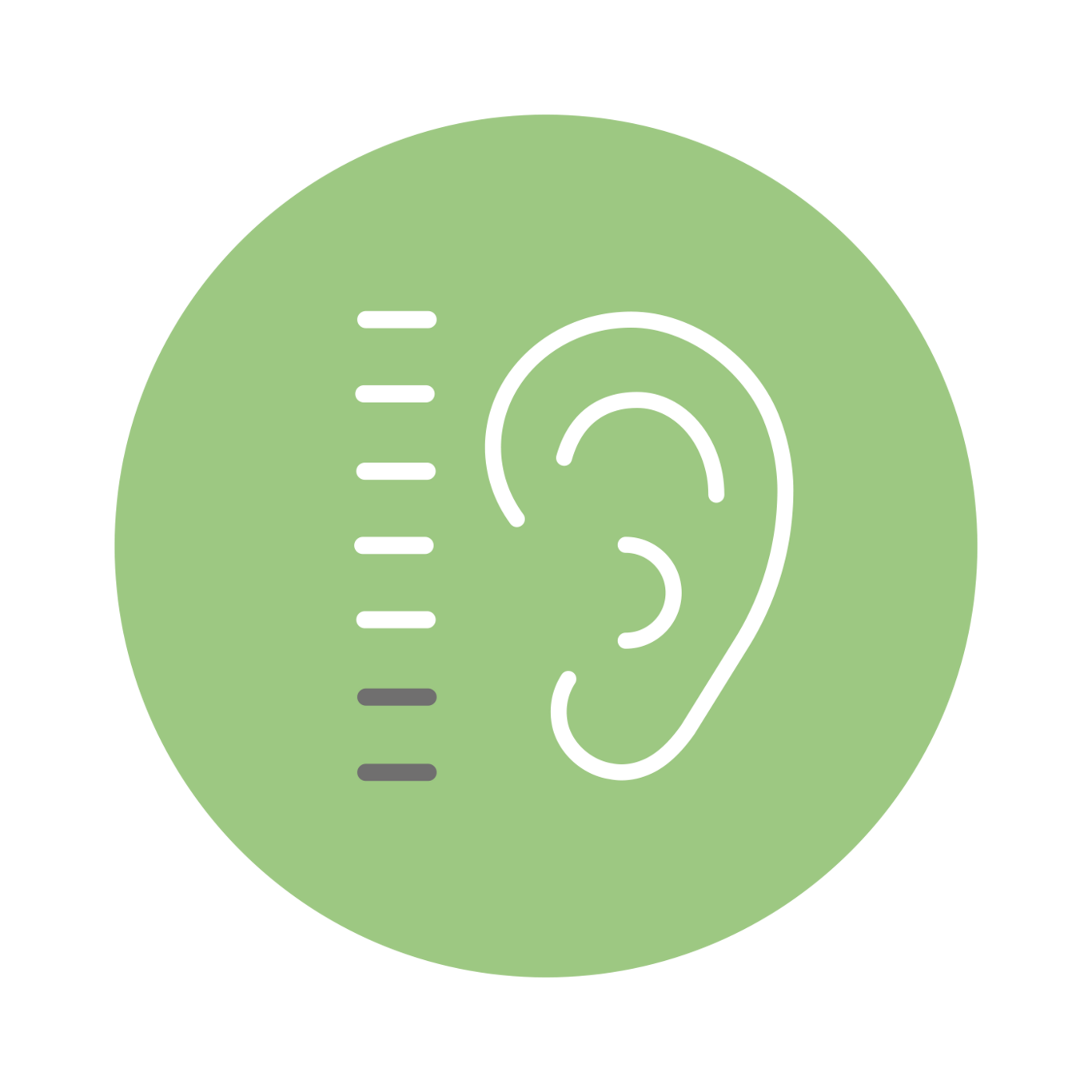 Symbole d'oreille avec échelle de mesure sur fond vert, pour tests et mesures auditifs.